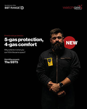 Worker wearing a portable multi-gas detector in a safety advertisement.
