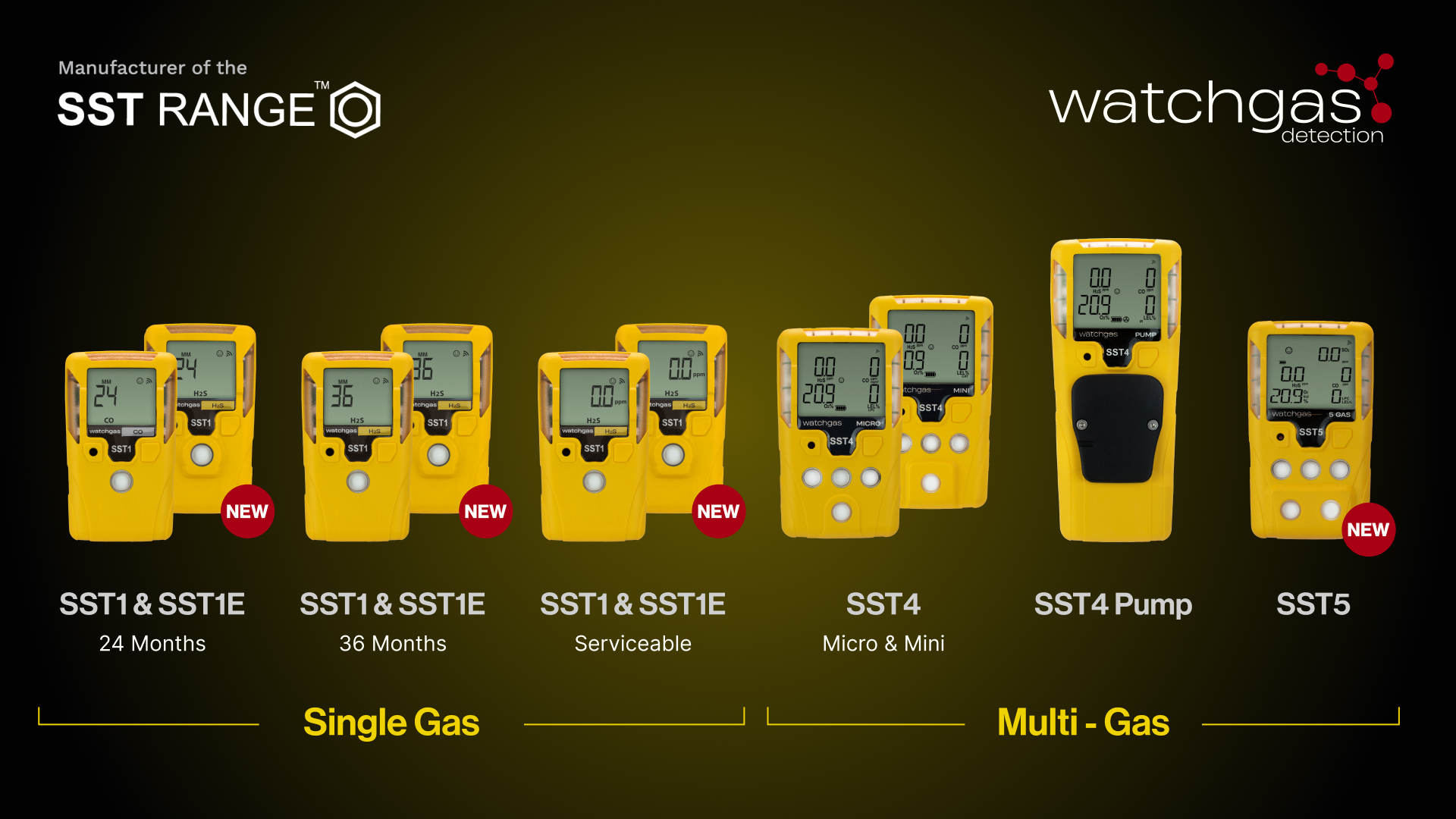 Range of portable single-gas and multi-gas detectors used for industrial gas monitoring, worker safety, and hazardous environment detection.