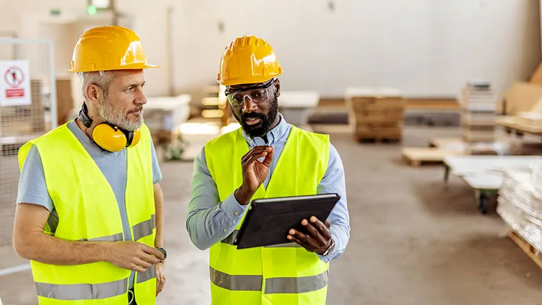 Two manufacturing managers reviewing risk management data on a tablet.