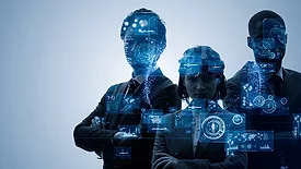 This image is a concept photo depicting business professionals integrated with artificial intelligence and digital data interfaces. 