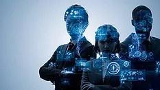 This image is a concept photo depicting business professionals integrated with artificial intelligence and digital data interfaces. 