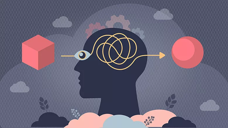 This image illustrates the concept of cognitive bias, specifically how internal perception and thought processes can distort incoming information. 