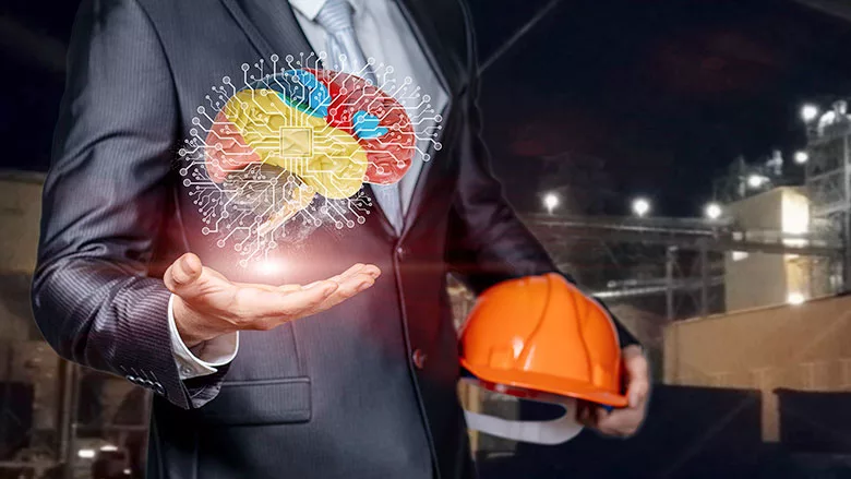 The image represents a conceptual illustration of a person holding a digital brain, symbolizing artificial intelligence in business or engineering. 