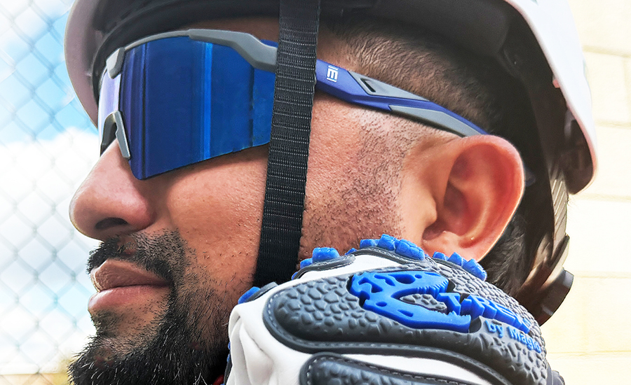 This image shows Magid AcuSpex polarized blue mirrored safety glasses.