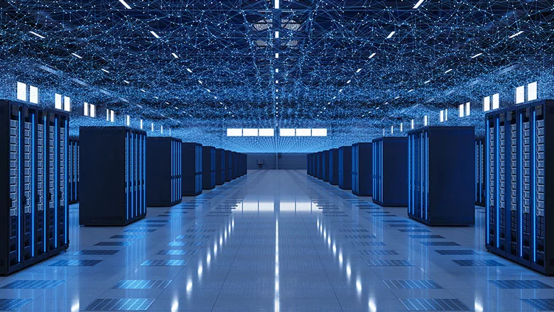 a modern data center facility designed for high-performance computing, cloud storage, and artificial intelligence applications. 